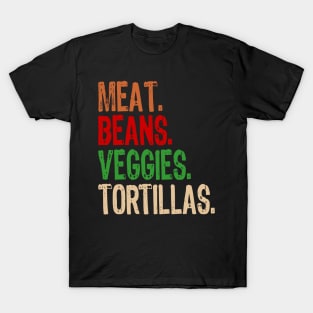 Meat. Beans. Veggies. Tortillas. Grunge burrito ingredients T-Shirt